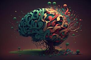 Abstract human brain in form of tree with branches of colored positive thoughts. Mental health concept. photo