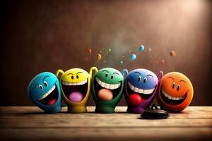 Group of five colorful smiling cartoon characters with balloons. Greeting card concept. photo