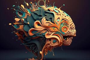 Human brain with colored positive thoughts. Abstract paper cut concept of mental health. photo
