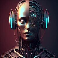 Artificial intelligence futuristic robot with headphones. photo