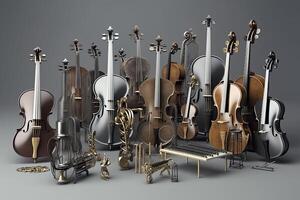 3d prestados orquesta instrumentos en contra un gris antecedentes. ai generado foto