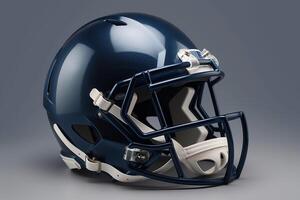 3d prestados metálico azul americano fútbol americano casco aislado en gris antecedentes. ai generado foto