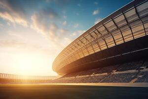 3d hacer de un estadio con aficionados durante puesta de sol en contra un azul cielo fondo. ai generado foto