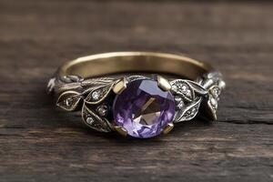 Amethyst Engagement Ring With Diamond Stones Gold And White Gold And Small Branch And Leaf Design. photo