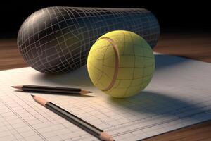 A tennis ball a file and a 3D rendering. photo