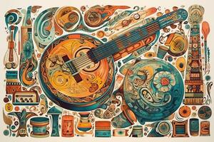 Colorful handmade music illustrations of instruments and music are painted. photo