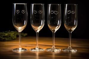 Engraved Heart Champagne Glasses Toasting Love Partnership And Technology For Valentines Day. photo