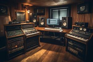 Home recording studio equipped with instruments microphones mixing equipment and audio mastering technology. photo