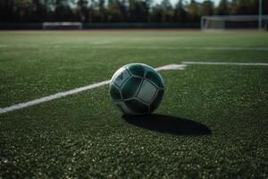 juego Listo en centro del campo con pelota en verde fútbol campo. ai generado foto