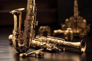 Gold colored musical instruments. photo