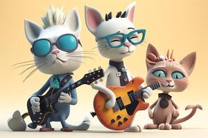 ilustración de estilo 3d dibujos animados caracteres en un rock banda presentando divertido gatos ai generado foto