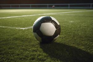 juego Listo en centro del campo con pelota en verde fútbol campo. ai generado foto