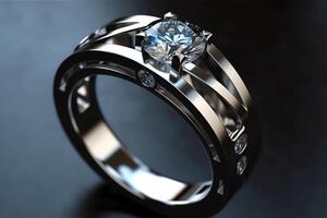 Reflective 3d Engagement Ring With Diamond In White Gold Or Silver. photo