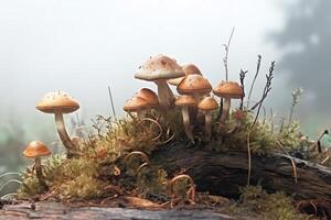 Mushrooms on a fallen tree isolated on a white background in misty surroundings. photo
