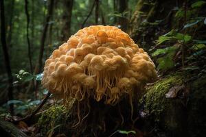 The beautiful and radiant giant mushroom Hericium erinaceus is the rare edible lions mane. photo