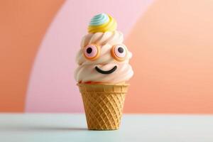 A happy smiling ice cream cone against a pastel background created with technology. photo