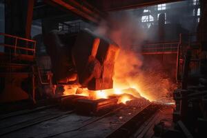Hot liquid iron in the steel industry created with technology. photo