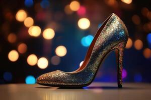 Stylish high heel shoes with glitter and bokeh lights created with technology. photo