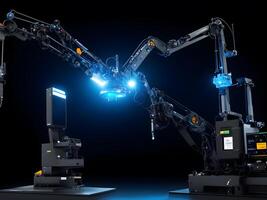 Modern High Tech Industrial Robotic arm on the factory production line production line is being welded. . photo