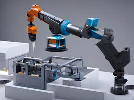 Modern High Tech Industrial Robotic arm on the factory production line production line is being welded. . photo