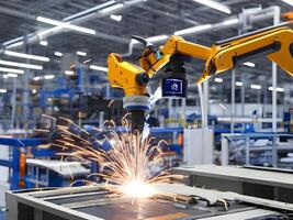 Modern High Tech Industrial Robotic arm on the factory production line production line is being welded. . photo