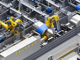 Modern High Tech Industrial Robotic arm on the factory production line production line is being welded. . photo