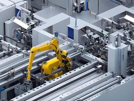 Modern High Tech Industrial Robotic arm on the factory production line production line is being welded. . photo