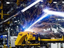 Modern High Tech Industrial Robotic arm on the factory production line production line is being welded. . photo