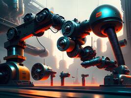 Modern High Tech Industrial Robotic arm on the factory production line production line is being welded. . photo