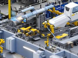 Modern High Tech Industrial Robotic arm on the factory production line production line is being welded. . photo