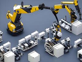 Modern High Tech Industrial Robotic arm on the factory production line production line is being welded. . photo