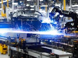 Modern High Tech Industrial Robotic arm on the factory production line production line is being welded. . photo