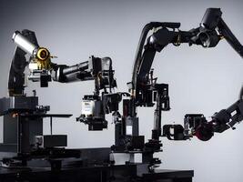 Modern High Tech Industrial Robotic arm on the factory production line production line is being welded. . photo