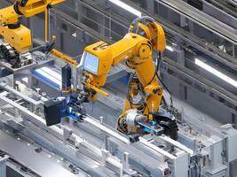 Modern High Tech Industrial Robotic arm on the factory production line production line is being welded. . photo