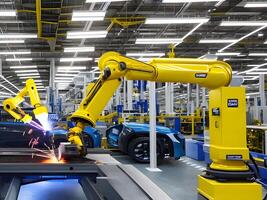 Modern High Tech Industrial Robotic arm on the factory production line production line is being welded. . photo