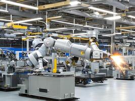 Modern High Tech Industrial Robotic arm on the factory production line production line is being welded. . photo