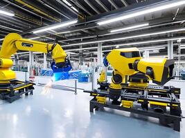 Modern High Tech Industrial Robotic arm on the factory production line production line is being welded. . photo