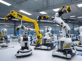 Modern High Tech Industrial Robotic arm on the factory production line production line is being welded. . photo