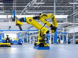 Modern High Tech Industrial Robotic arm on the factory production line production line is being welded. . photo