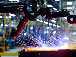 Modern High Tech Industrial Robotic arm on the factory production line production line is being welded. . photo