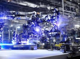 moderno alto tecnología industrial robótico brazo en el fábrica producción línea producción línea es siendo soldado generativo ai. foto