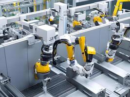 Modern High Tech Industrial Robotic arm on the factory production line production line is being welded. . photo