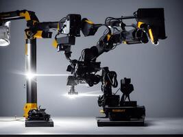 Modern High Tech Industrial Robotic arm on the factory production line production line is being welded. . photo