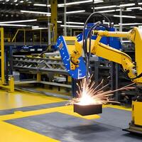 Modern High Tech Industrial Robotic arm on the factory production line production line is being welded. . photo