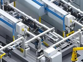 Modern High Tech Industrial Robotic arm on the factory production line production line is being welded. . photo