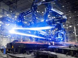 Modern High Tech Industrial Robotic arm on the factory production line production line is being welded. . photo