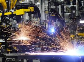 Modern High Tech Industrial Robotic arm on the factory production line production line is being welded. . photo