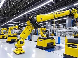 Modern High Tech Industrial Robotic arm on the factory production line production line is being welded. . photo