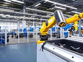 Modern High Tech Industrial Robotic arm on the factory production line production line is being welded. . photo