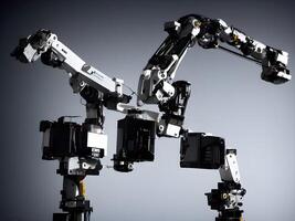 moderno alto tecnología industrial robótico brazo en el fábrica producción línea producción línea es siendo soldado generativo ai. foto
